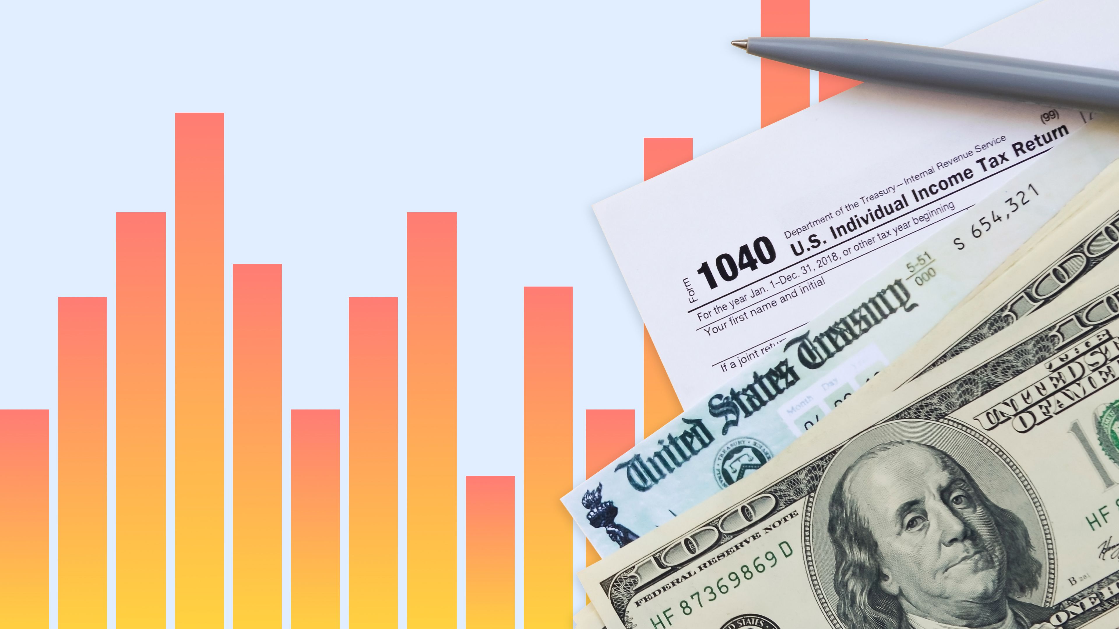 Composite image of a shaded orange bar graph, pen, tax paperwork, treasury bond and cash.