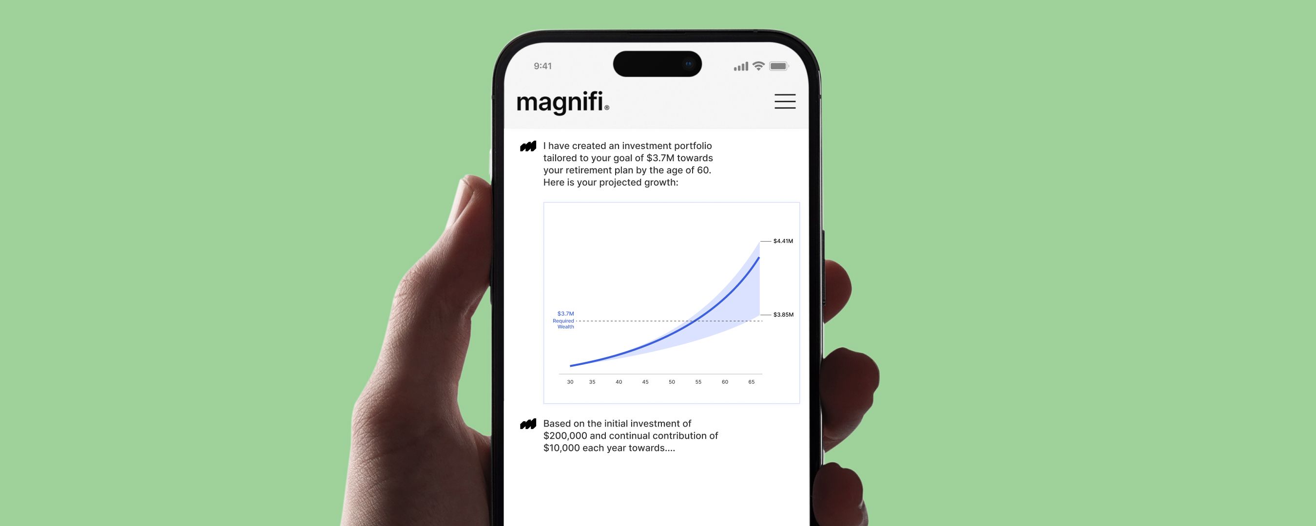 Magnifi app featuring growth of investment account over time