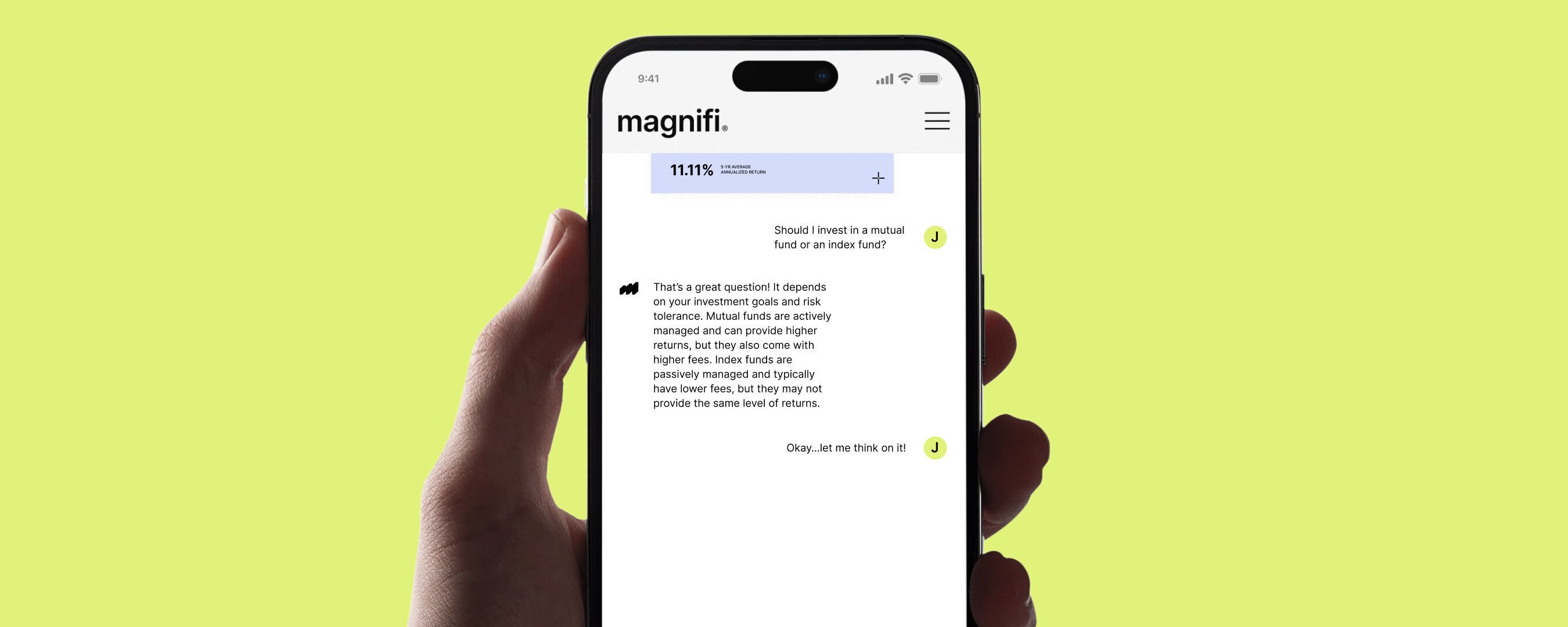 Magnifi app featuring mutual fund information