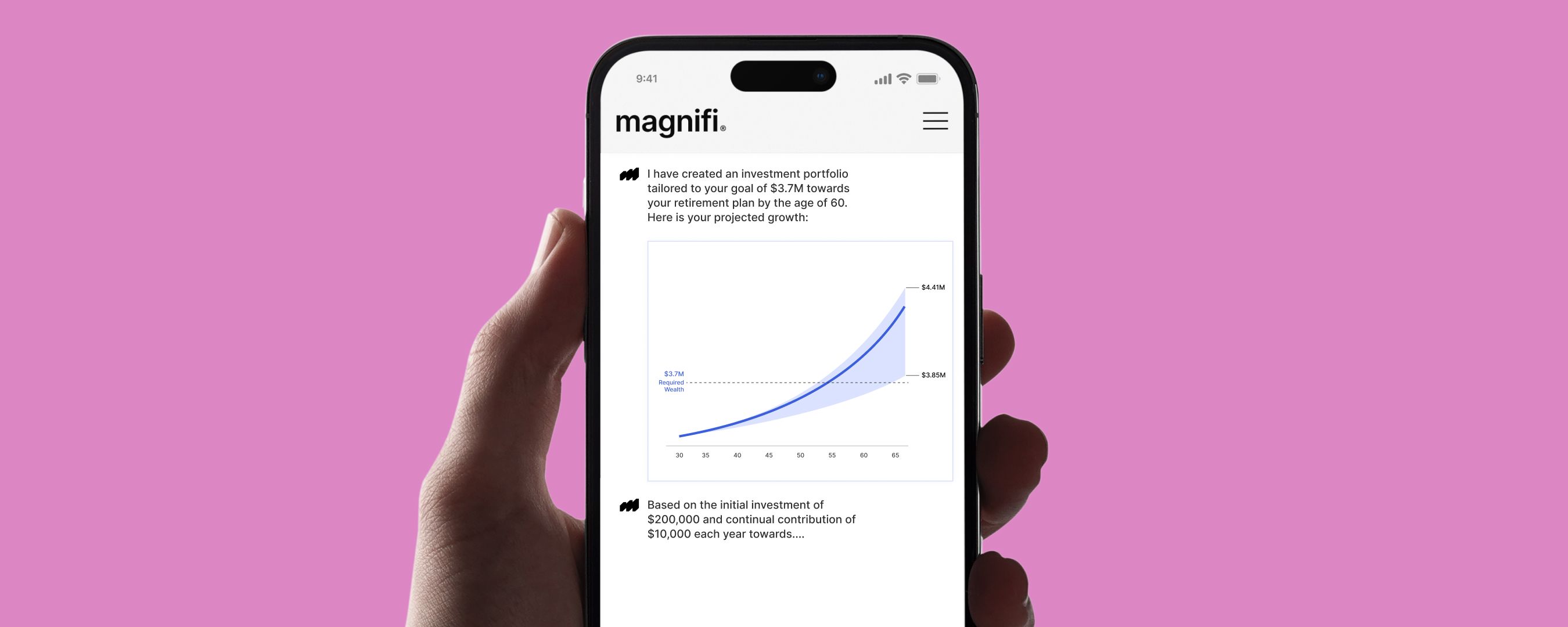 Magnifi app featuring investment growth over time.