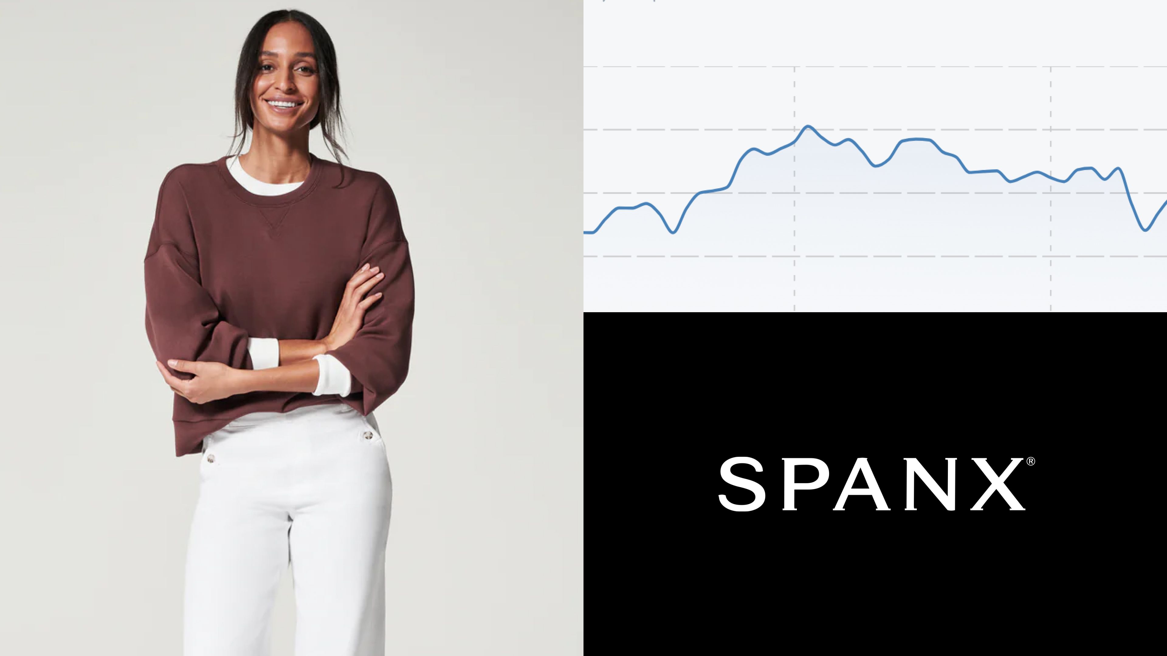 Model wearing white pants and brown sweater, SPANX logo and graph