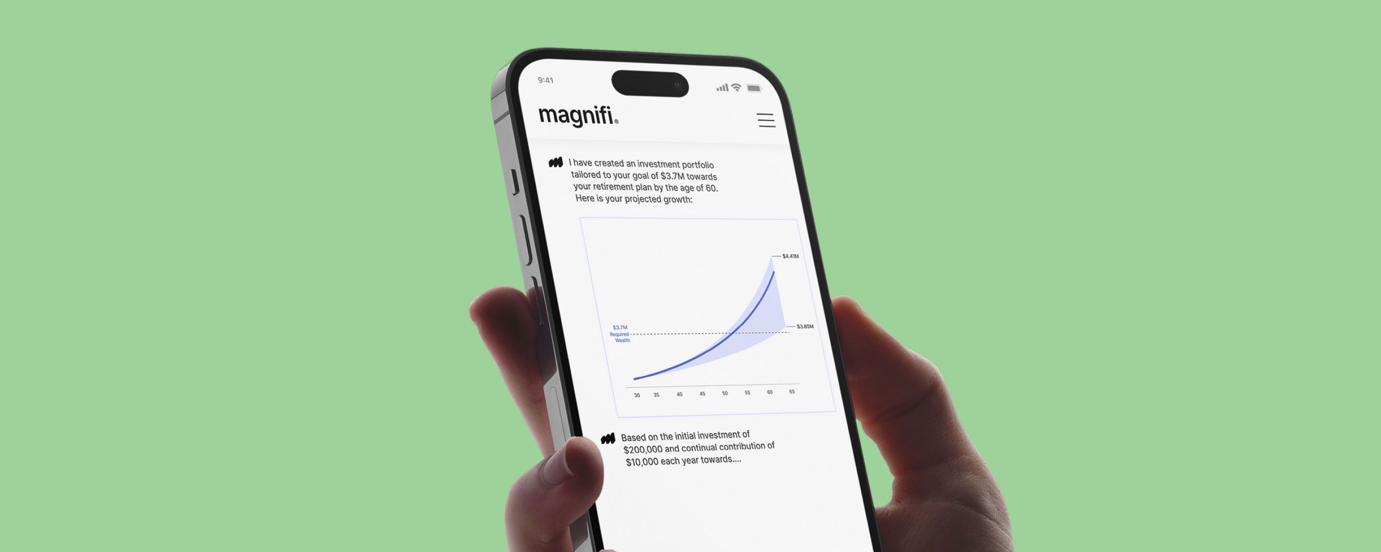 Magnifi app featuring growth of retirement account over time