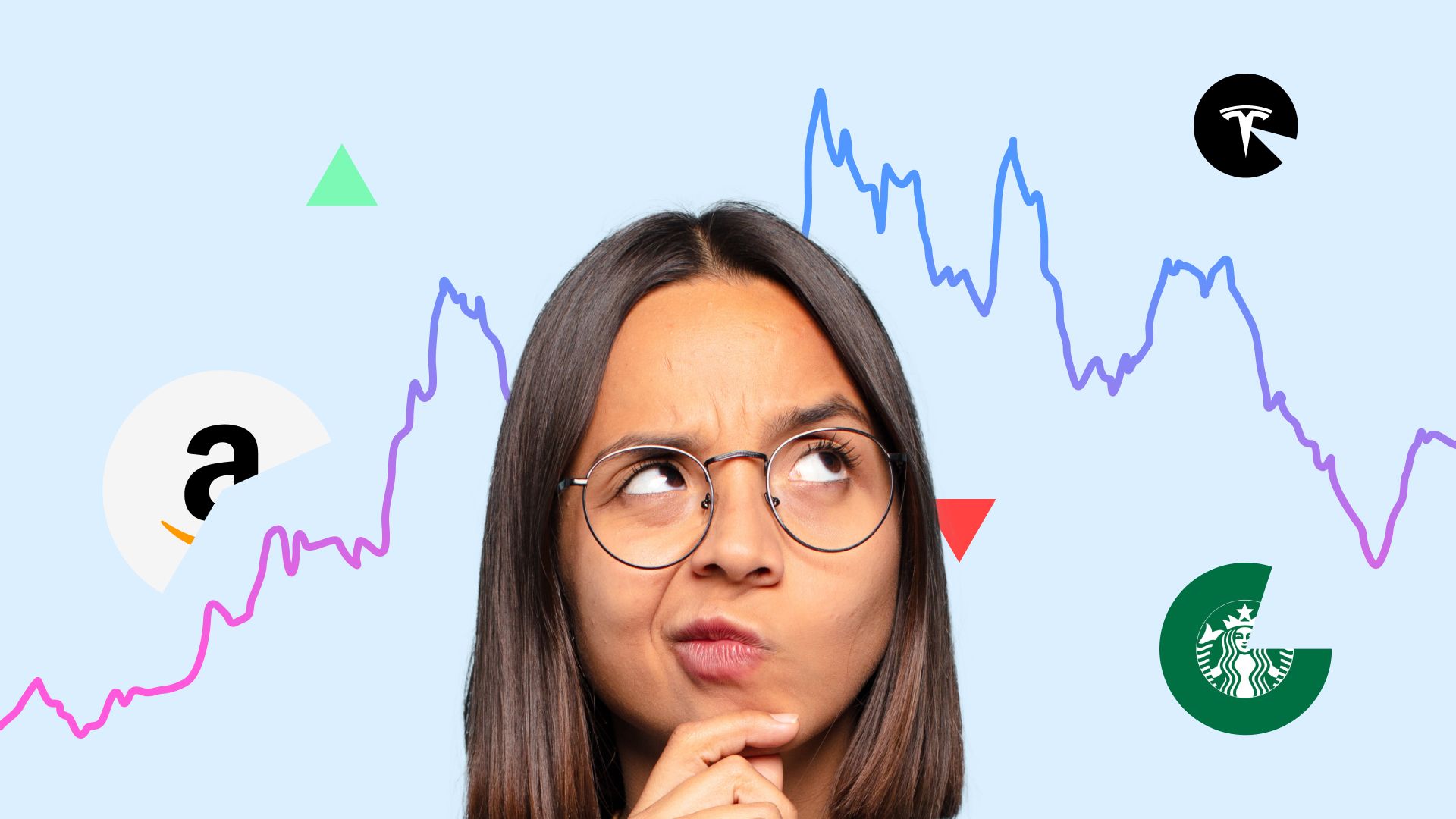 Image of a woman's face with a graph line behind her and Amazon, Tesla and Starbucks logos floating in the background.