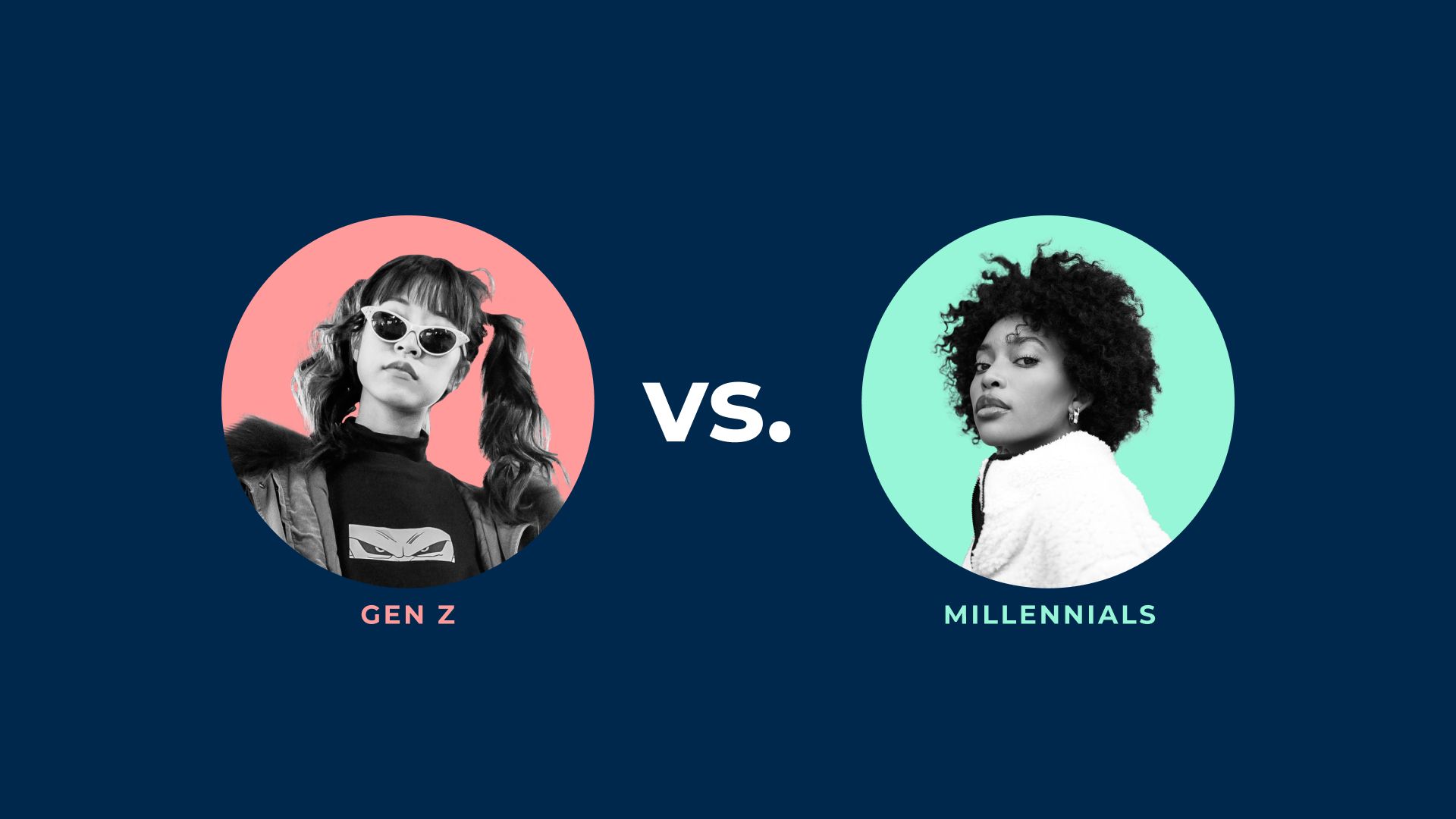 Image of a woman representing Gen Z and image of a women representing millennials against a blue background.
