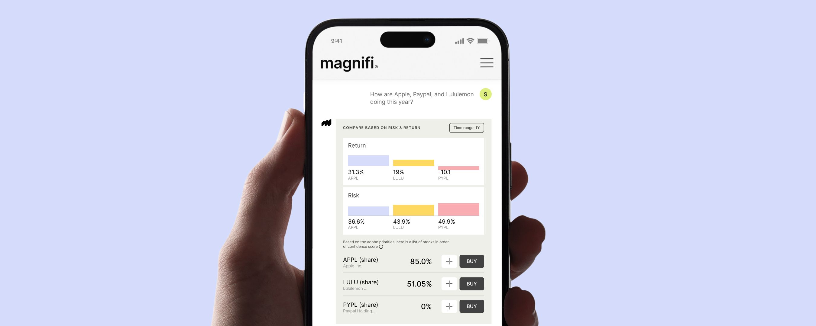 Using the Magnifi AI Investing app to compare Apple, Lululemon, and PayPal.