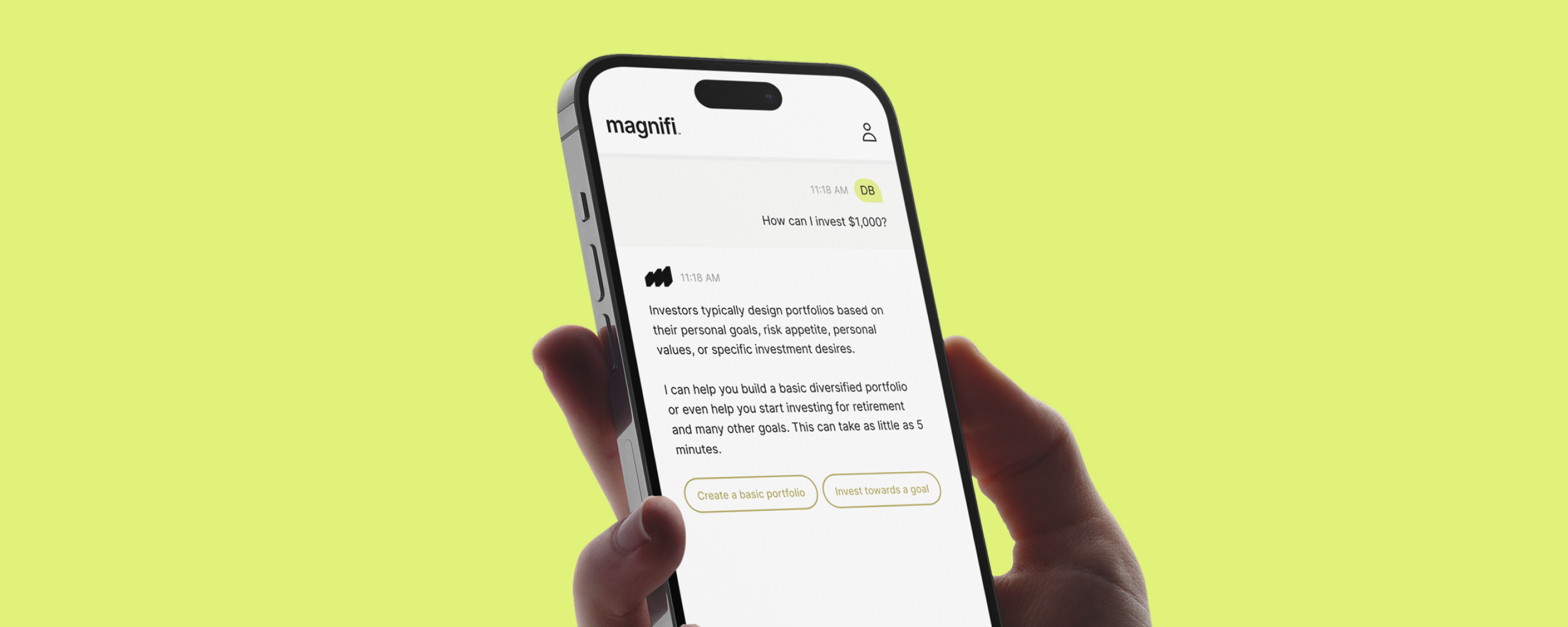 The Magnifi app showing an investor how to invest $1000