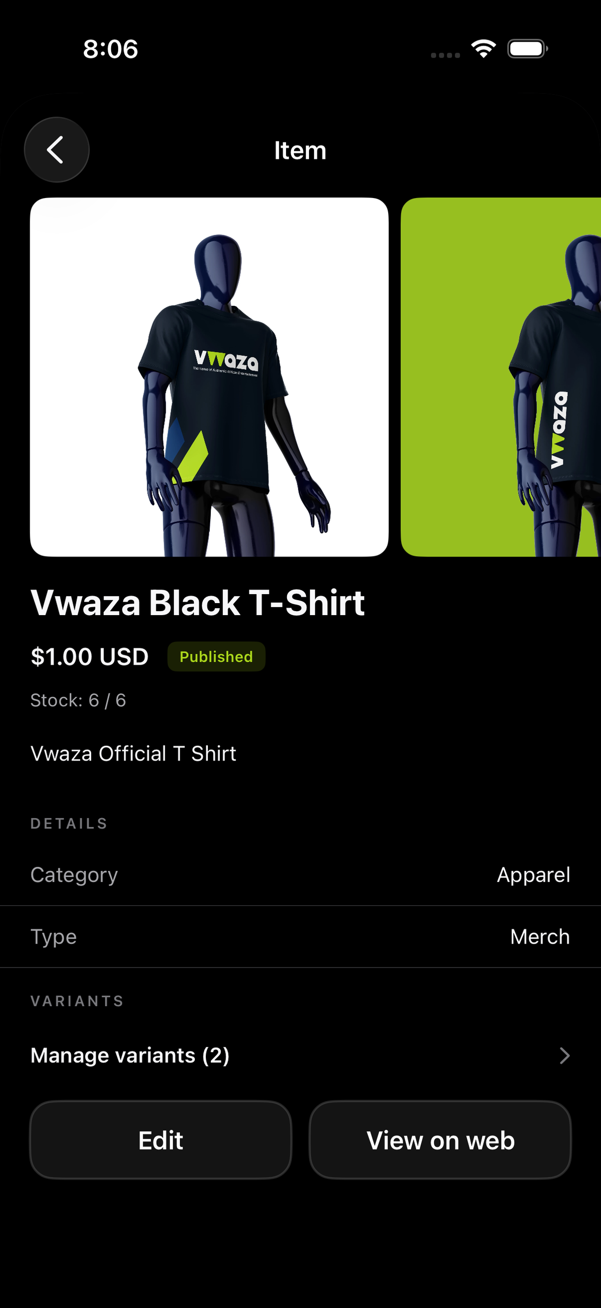 Merchandise item detail in the Vwaza Studio app for a Vwaza T-shirt showing price, stock, and variants