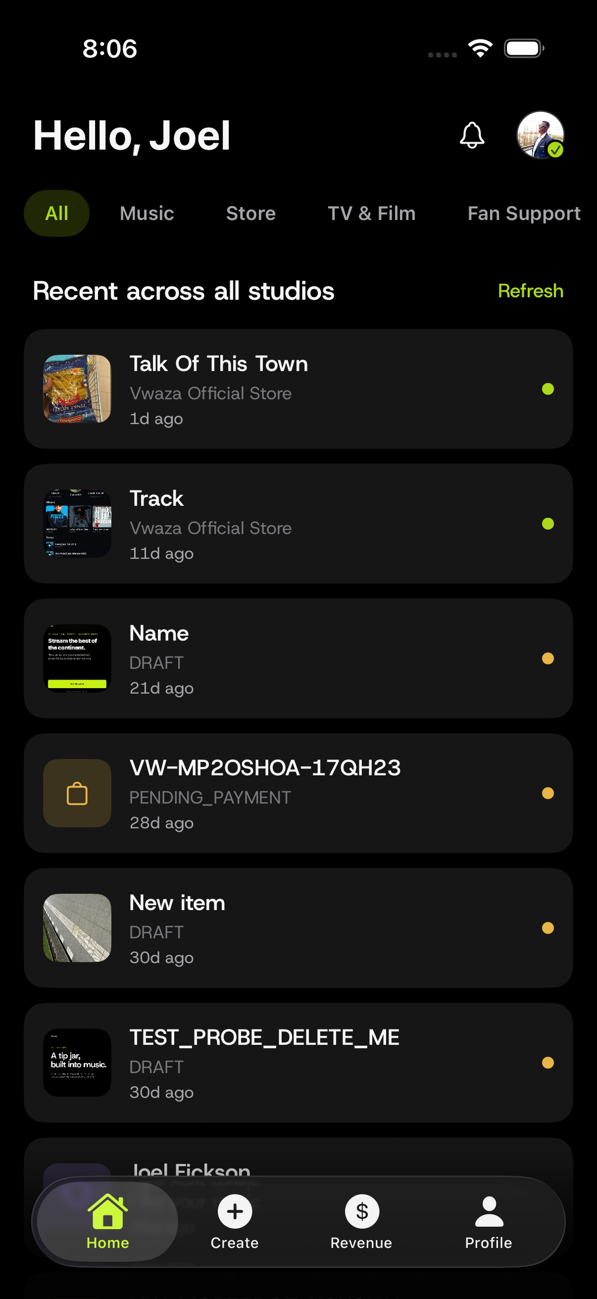 Vwaza Studio app home screen showing recent activity across Music, Store, and TV & Film