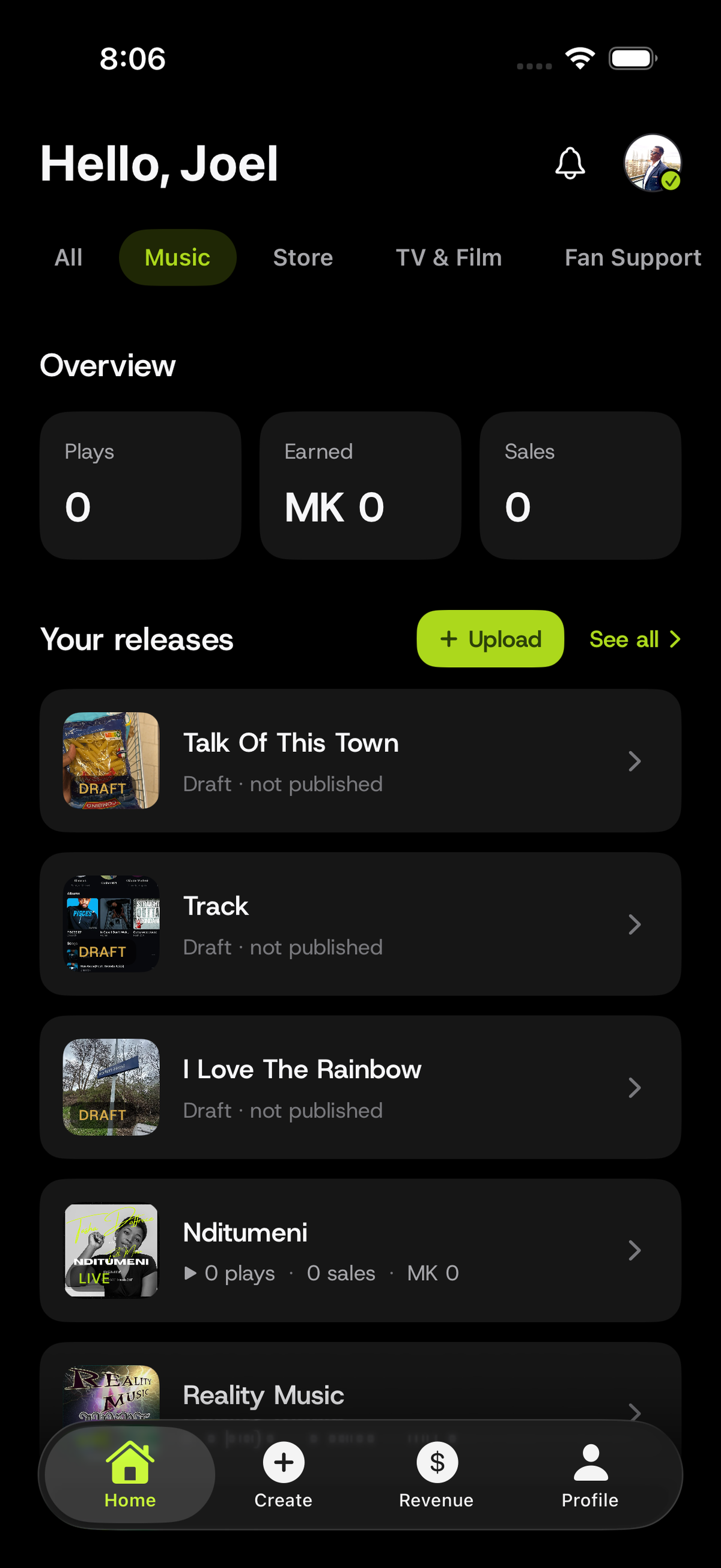 Music tab in the Vwaza Studio app showing plays, earnings, sales, and a list of releases