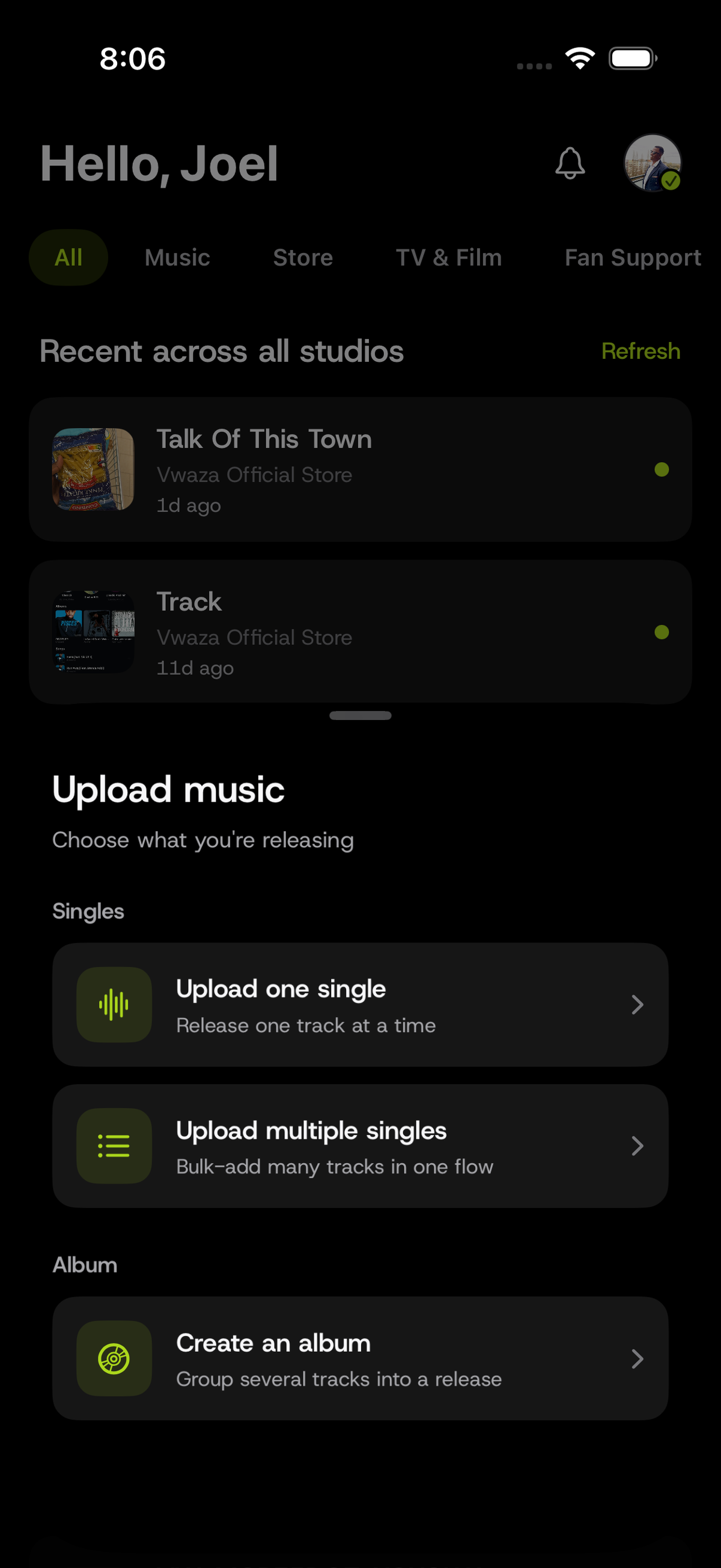 Upload music screen in the Vwaza Studio app with options for one single, multiple singles, or an album