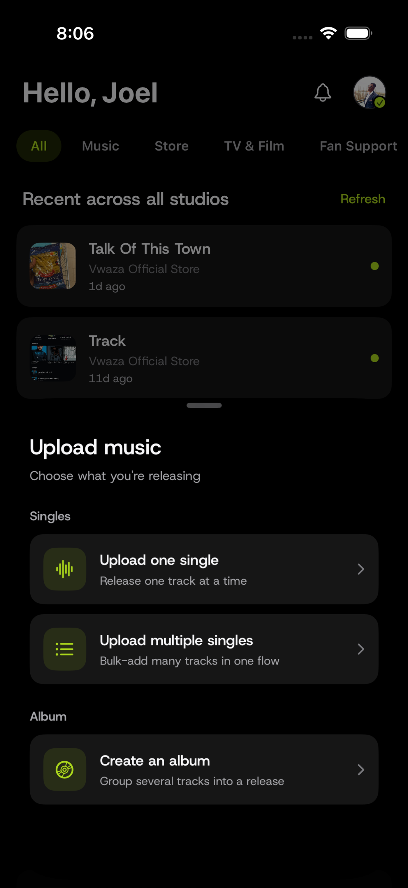 Upload music screen in the Vwaza Studio app with options for one single, multiple singles, or an album