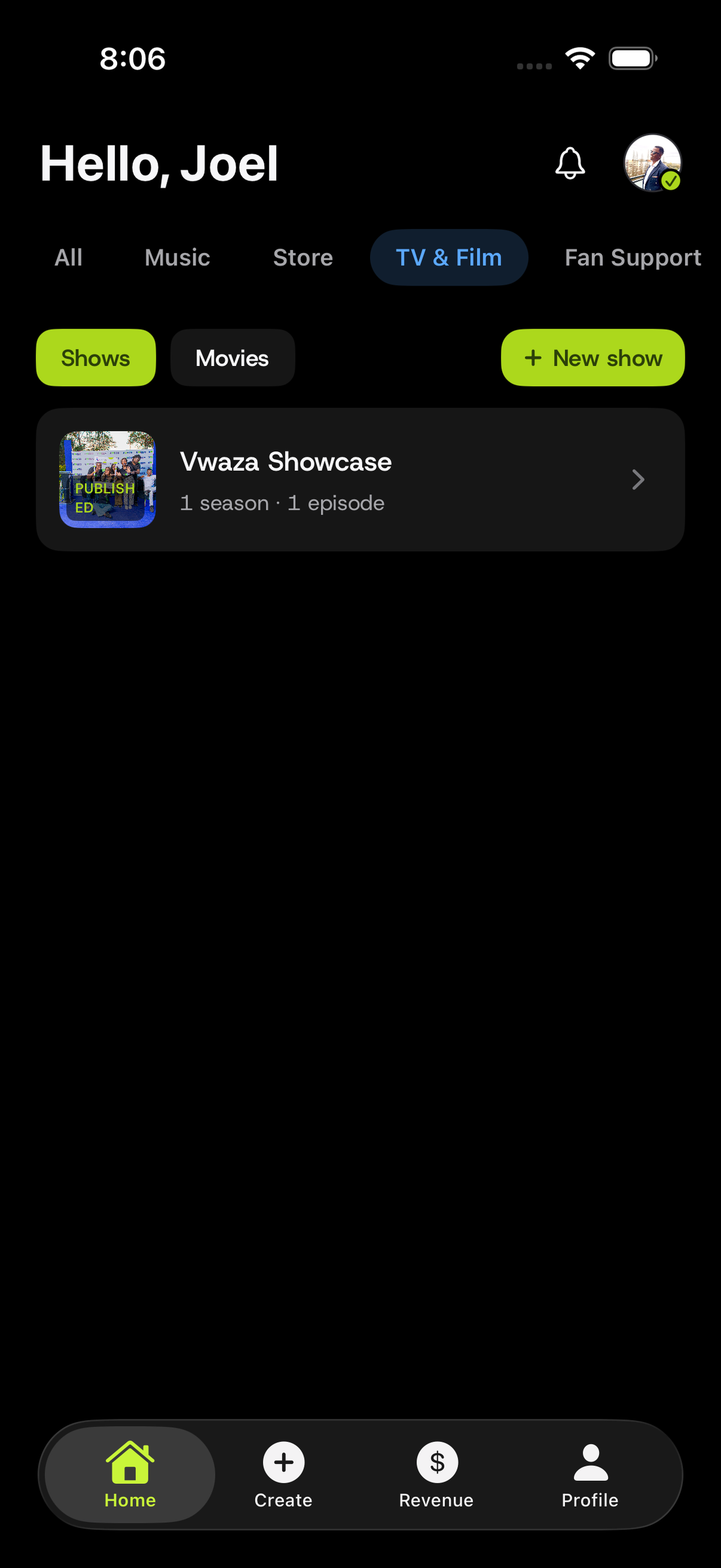 TV & Film tab in the Vwaza Studio app showing a show with one season and one episode