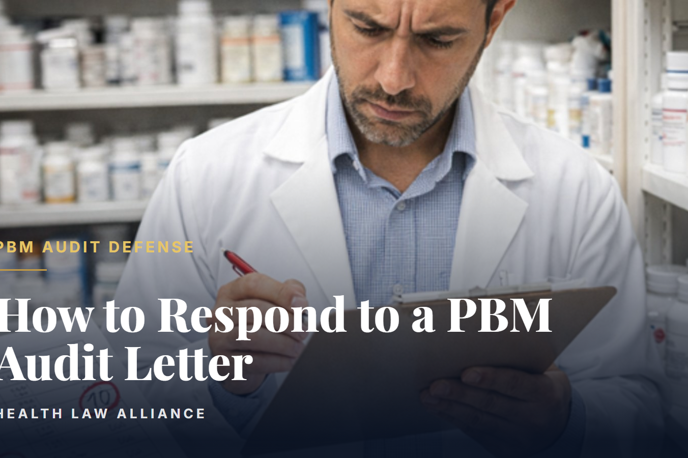 A pharmacist reviews an audit document at the pharmacy counter