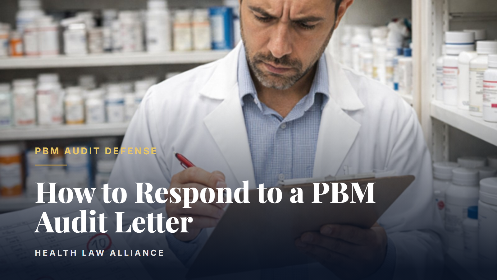A pharmacist reviews an audit document at the pharmacy counter