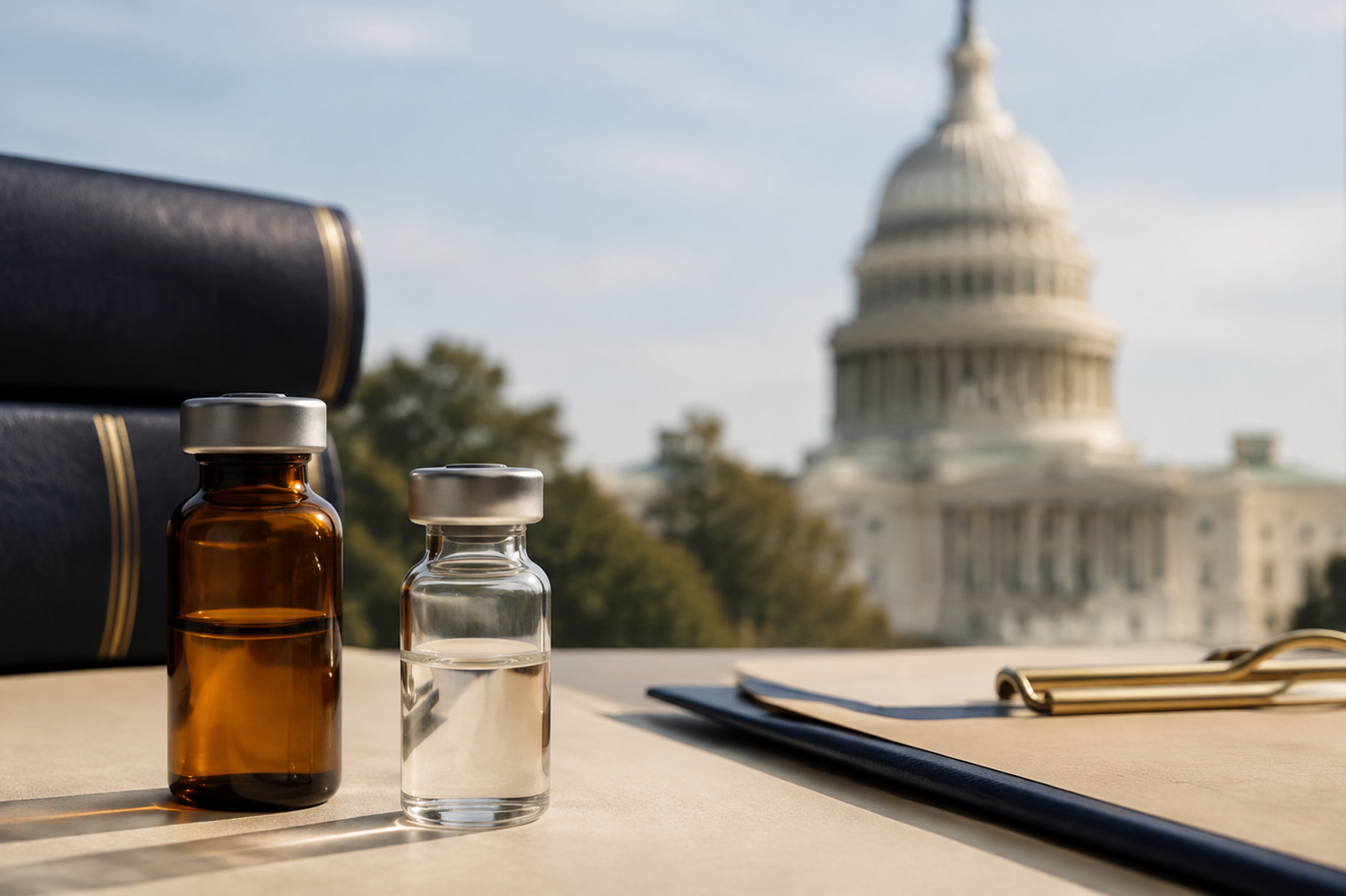 Unbranded pharmacy and laboratory vials beside legal reference books with a state capitol in the background