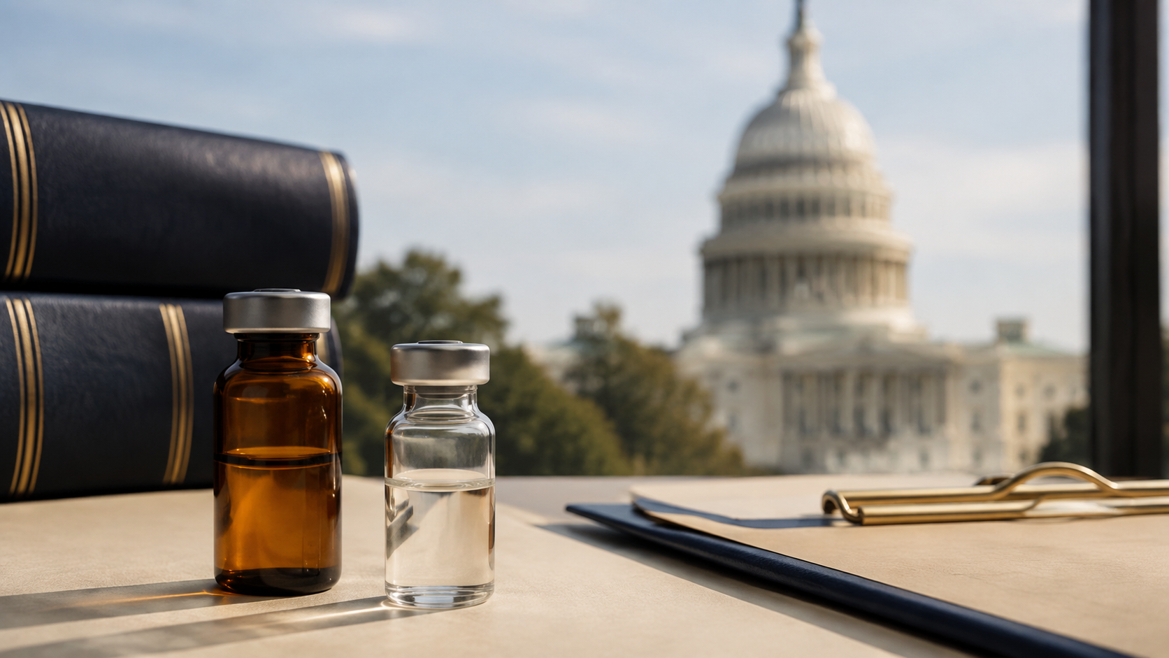 Unbranded pharmacy and laboratory vials beside legal reference books with a state capitol in the background