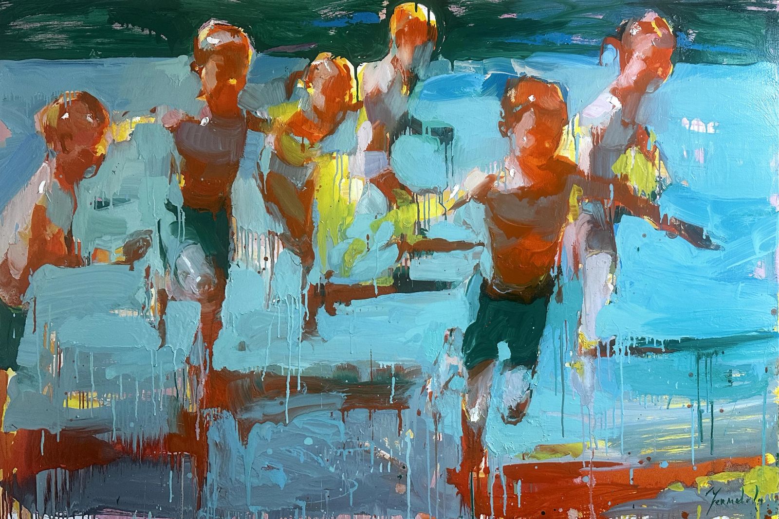 Contemporary impressionist painting from the kids on the beach, showing children playing in the water, painted with expressive brushstrokes and luminous blue and gold colours