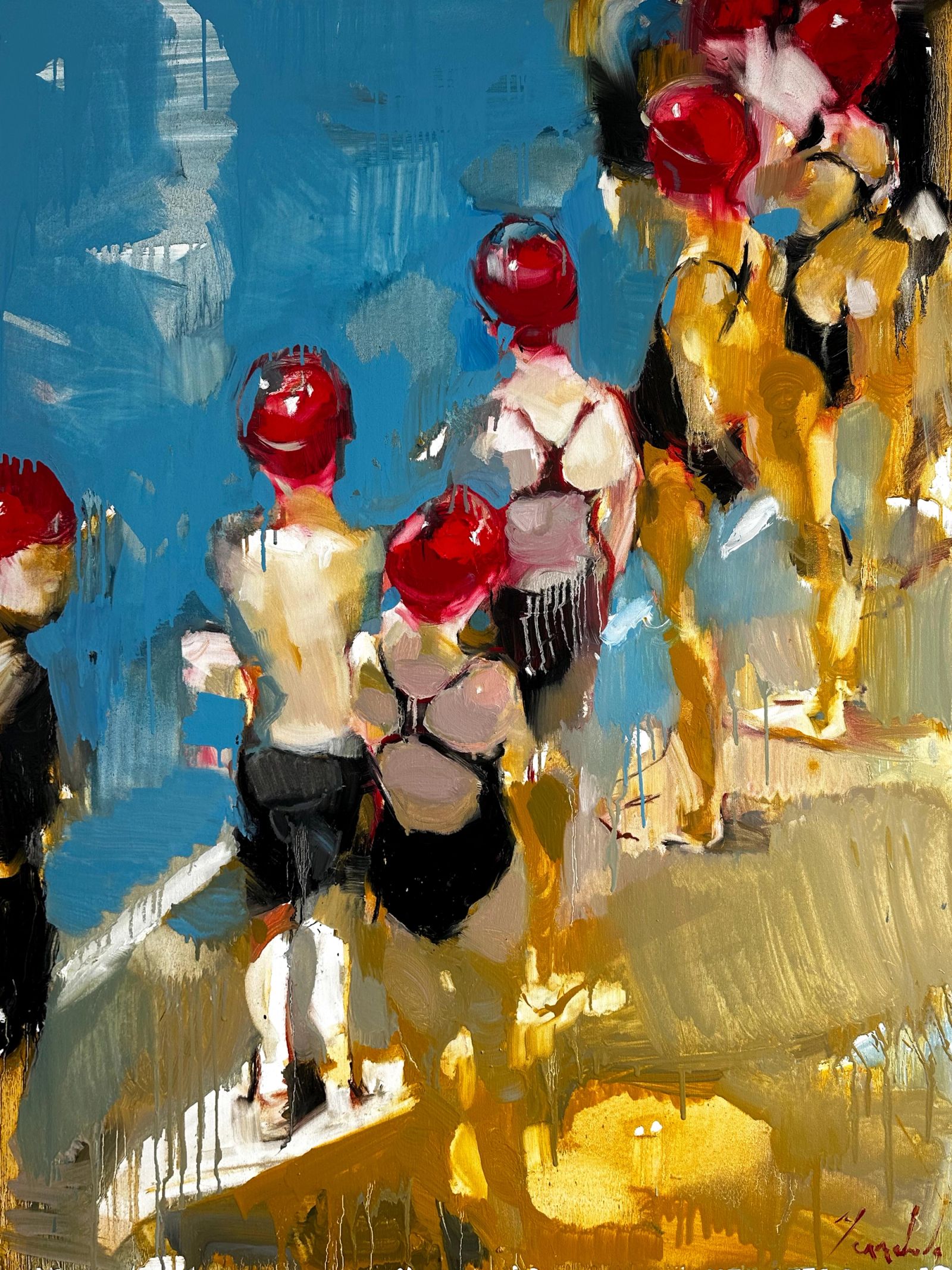 Contemporary impressionist painting from the Swimming Lessons series, showing children walking along a poolside in the light, painted with expressive brushstrokes and luminous blue and gold colours