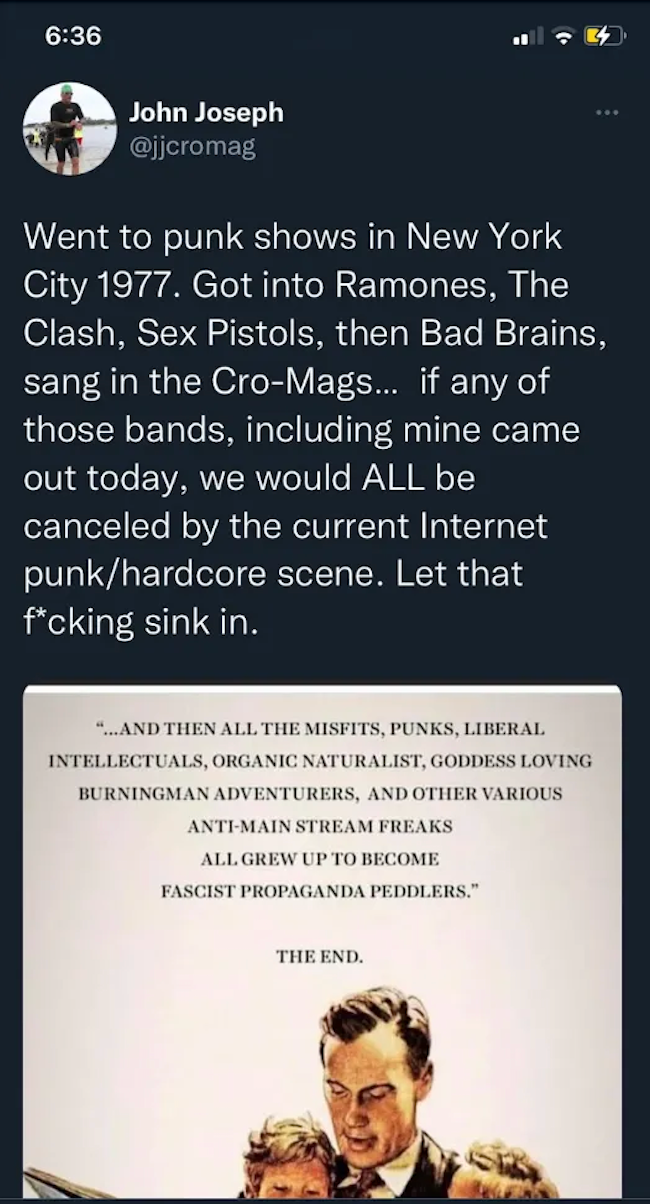 A screenshot of Cro-Mags' John Joseph bad tweet.