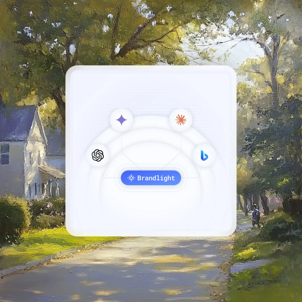 Painted tree-lined street behind a card showing a Brandlight button connected to ChatGPT, Gemini, Claude and Bing icons.