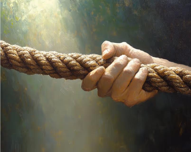 Painting of a hand gripping a thick twisted rope, as in a tug-of-war, lit by a shaft of light.