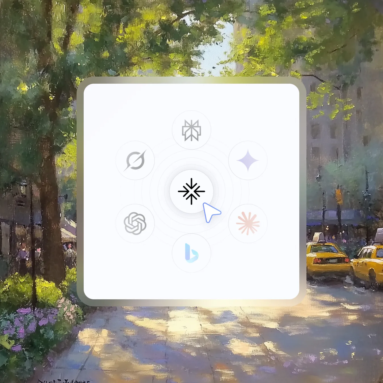 Painted city street with yellow taxis behind a white card showing AI engine logos (ChatGPT, Perplexity, Gemini, Claude, Bing and Grok) circling the Brandlight mark, with a cursor.