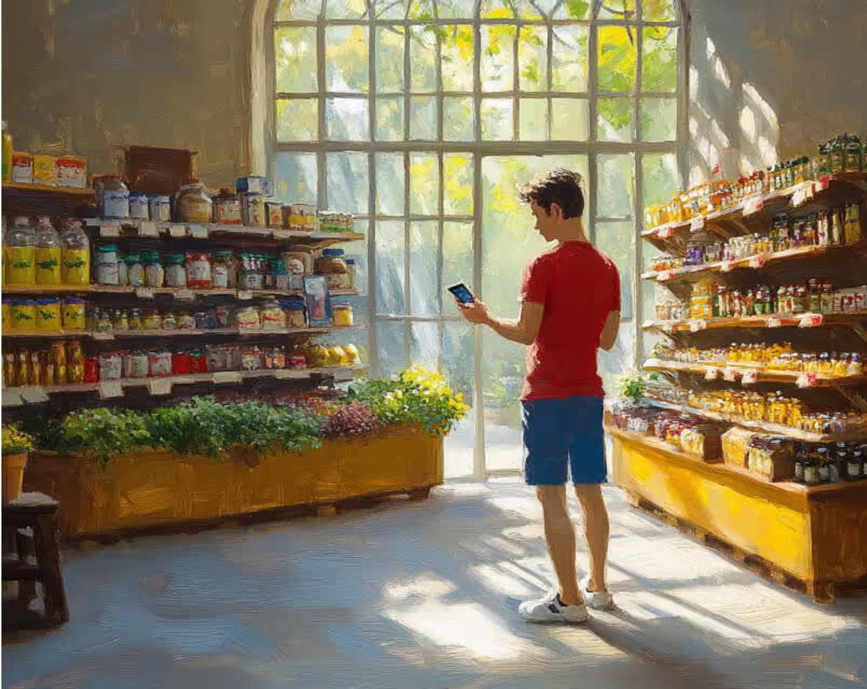 Painting of a young man in a red T-shirt standing in a sunlit grocery store, looking at his phone between shelves of packaged goods.