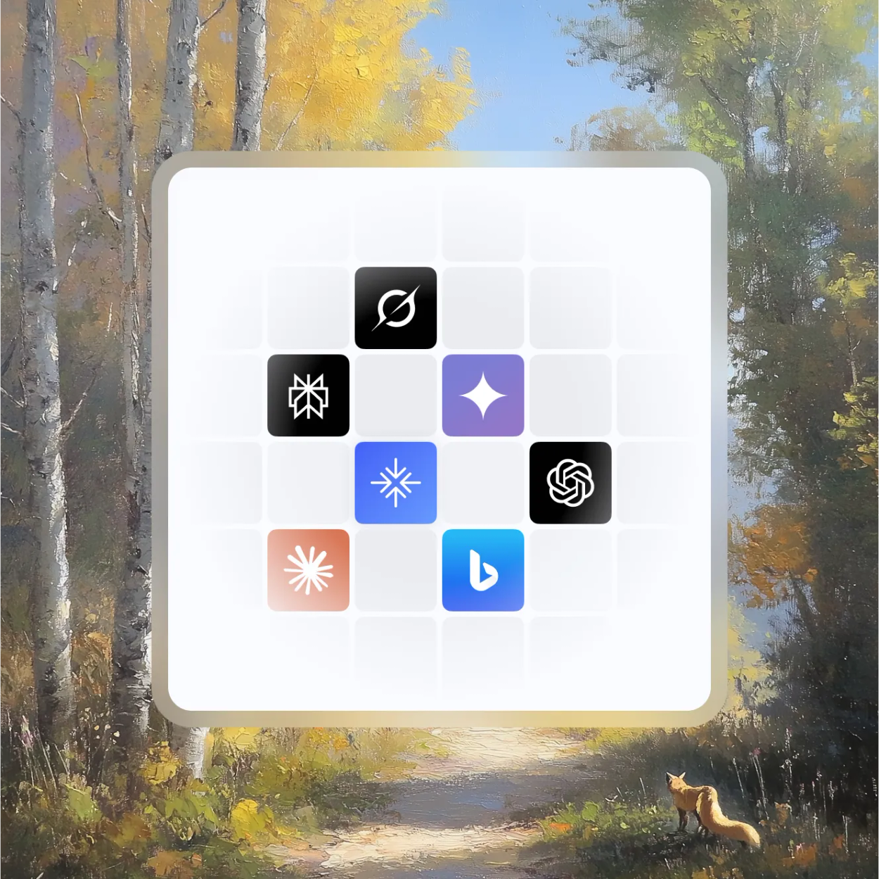 Painted autumn birch forest path with a fox behind a grid of AI engine app icons (Grok, Perplexity, Gemini, ChatGPT, Claude and Bing) around the Brandlight mark.