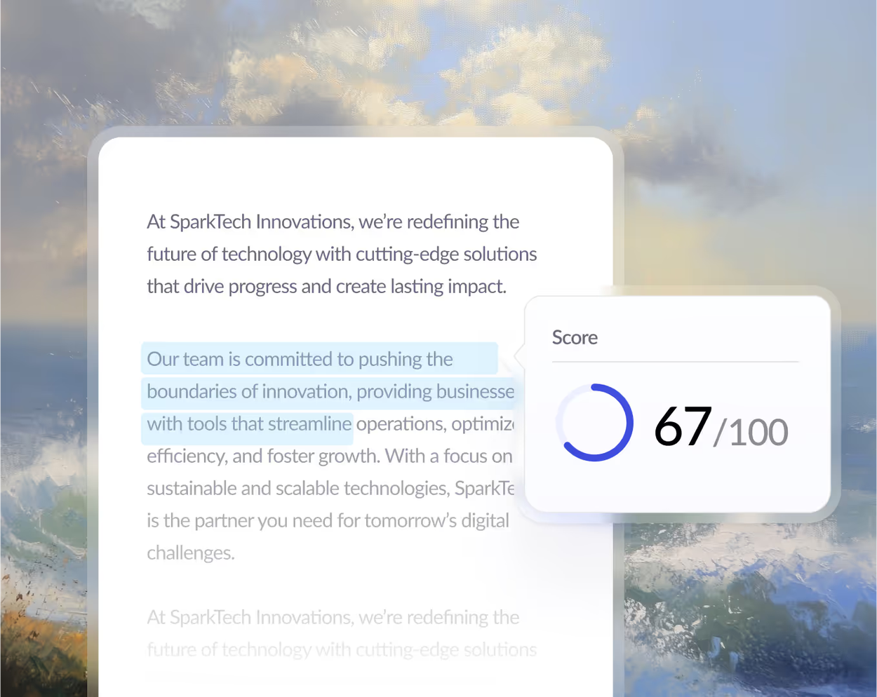 Painted seascape behind a sample company description with highlighted sentences and a content score of 67/100.