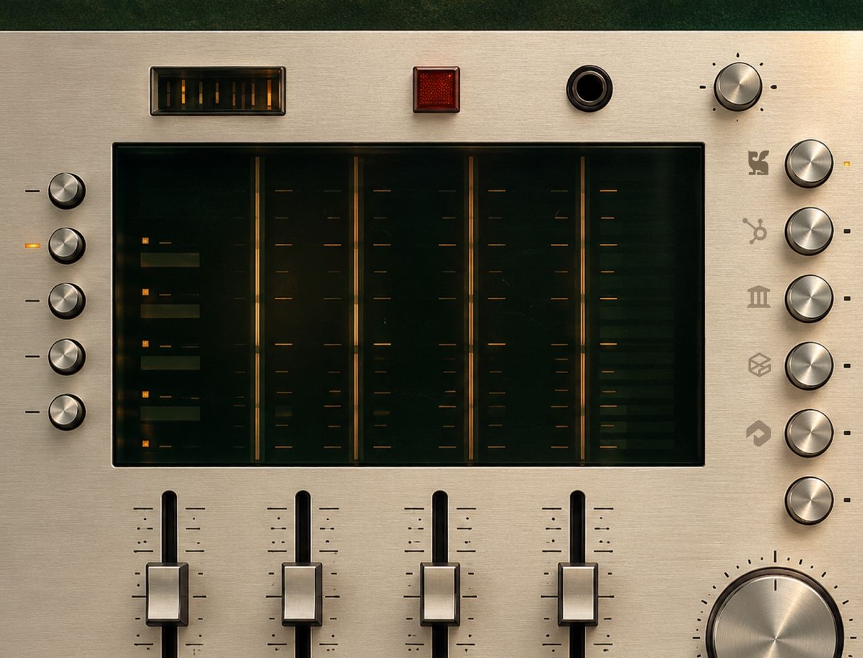 A brushed-steel mixing console with a glowing screen, faders and dials, its knobs labelled with the Brandlight mark and other app icons.