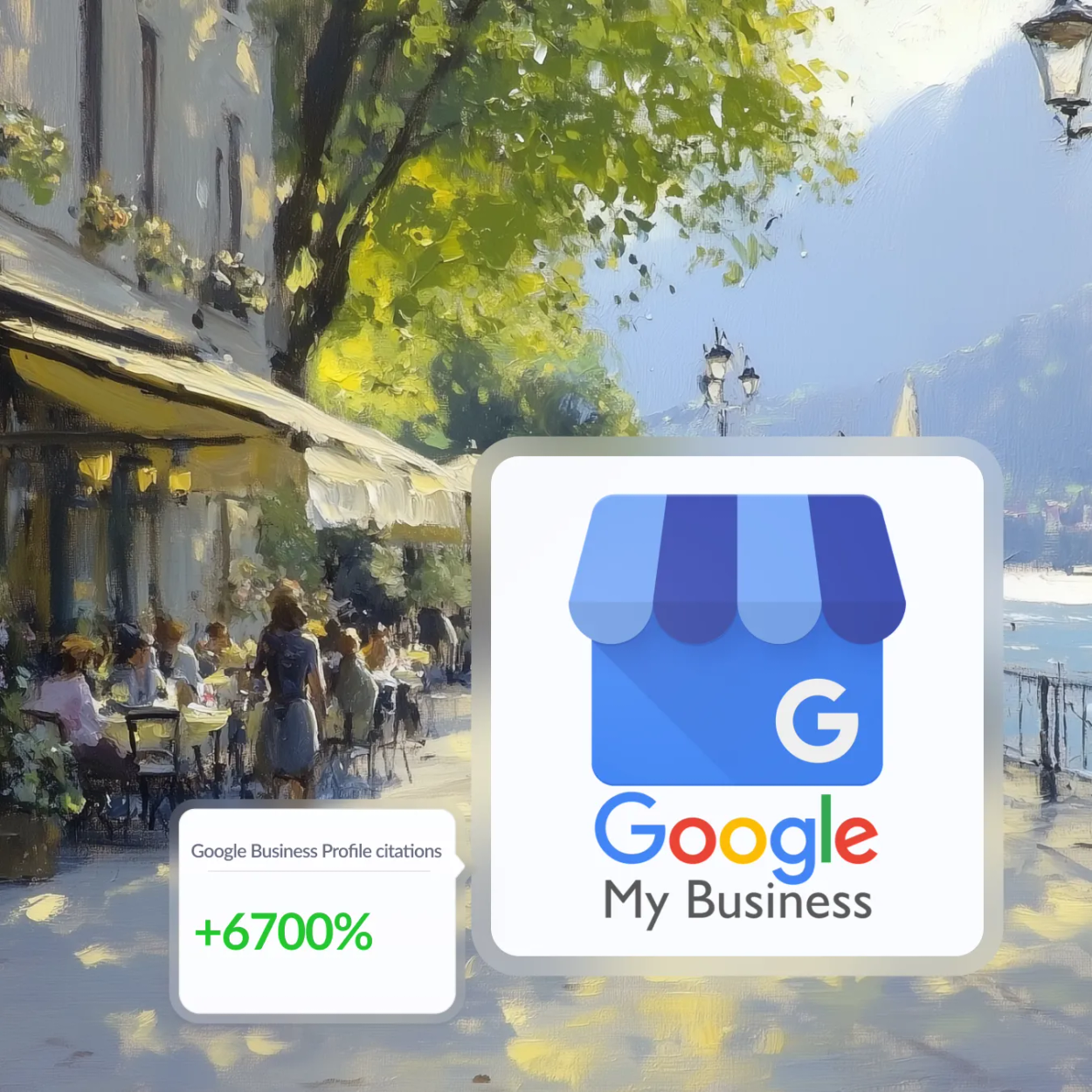 Painted lakeside café promenade overlaid with the Google My Business logo and a callout showing Google Business Profile citations up 6700%.