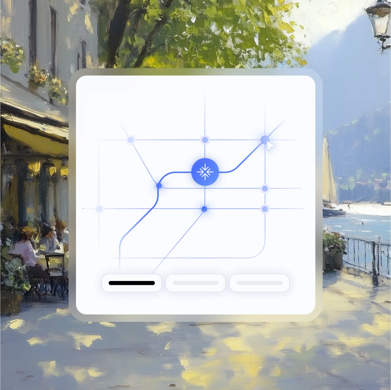 Painted lakeside café promenade behind a card showing a network of connected nodes with the Brandlight mark at the central hub.