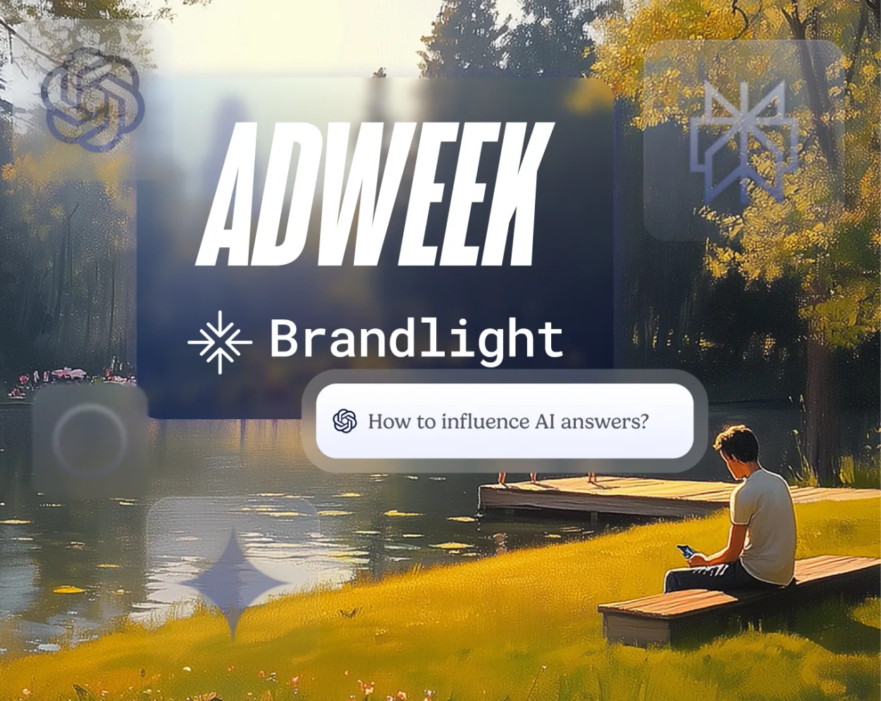 ADWEEK and Brandlight logos over a painting of a man on a lakeside bench looking at his phone, with a ChatGPT prompt reading 'How to influence AI answers?' and faded AI engine icons.