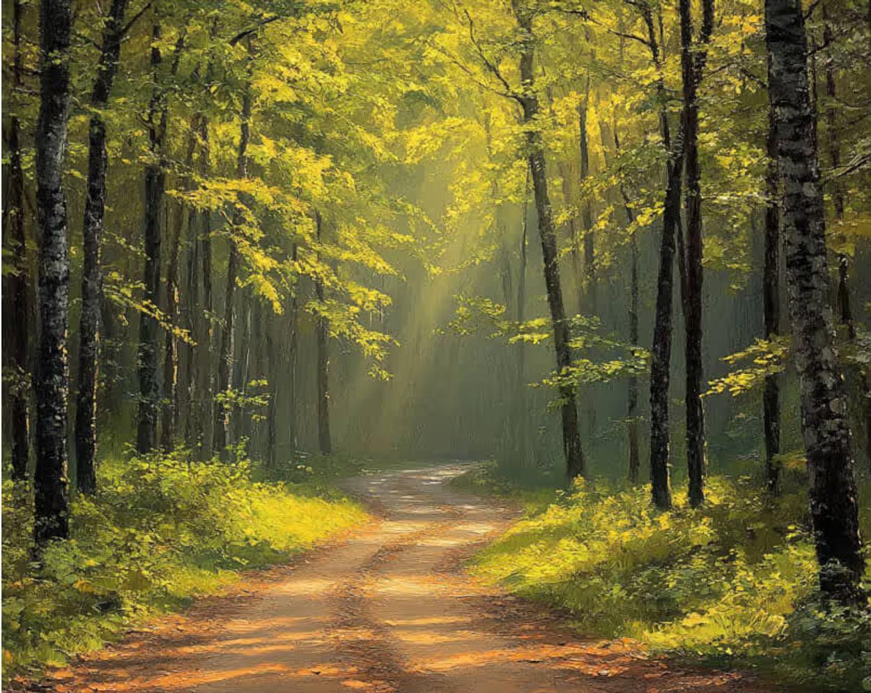 Painting of a sunlit dirt road winding through a green forest.