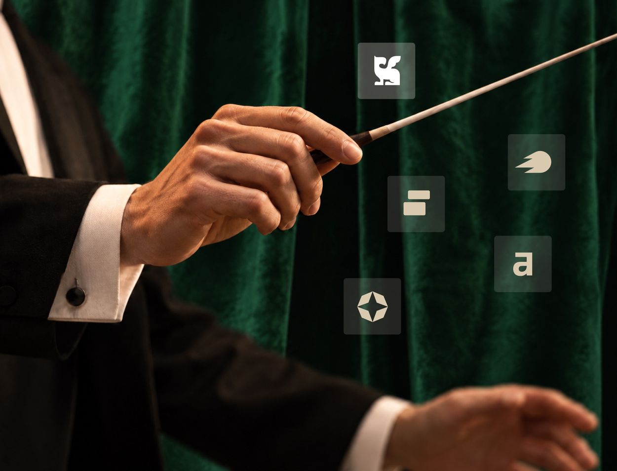 A conductor in white tie raises a baton before a green velvet curtain, with the Brandlight mark and four AI app icons floating around it.