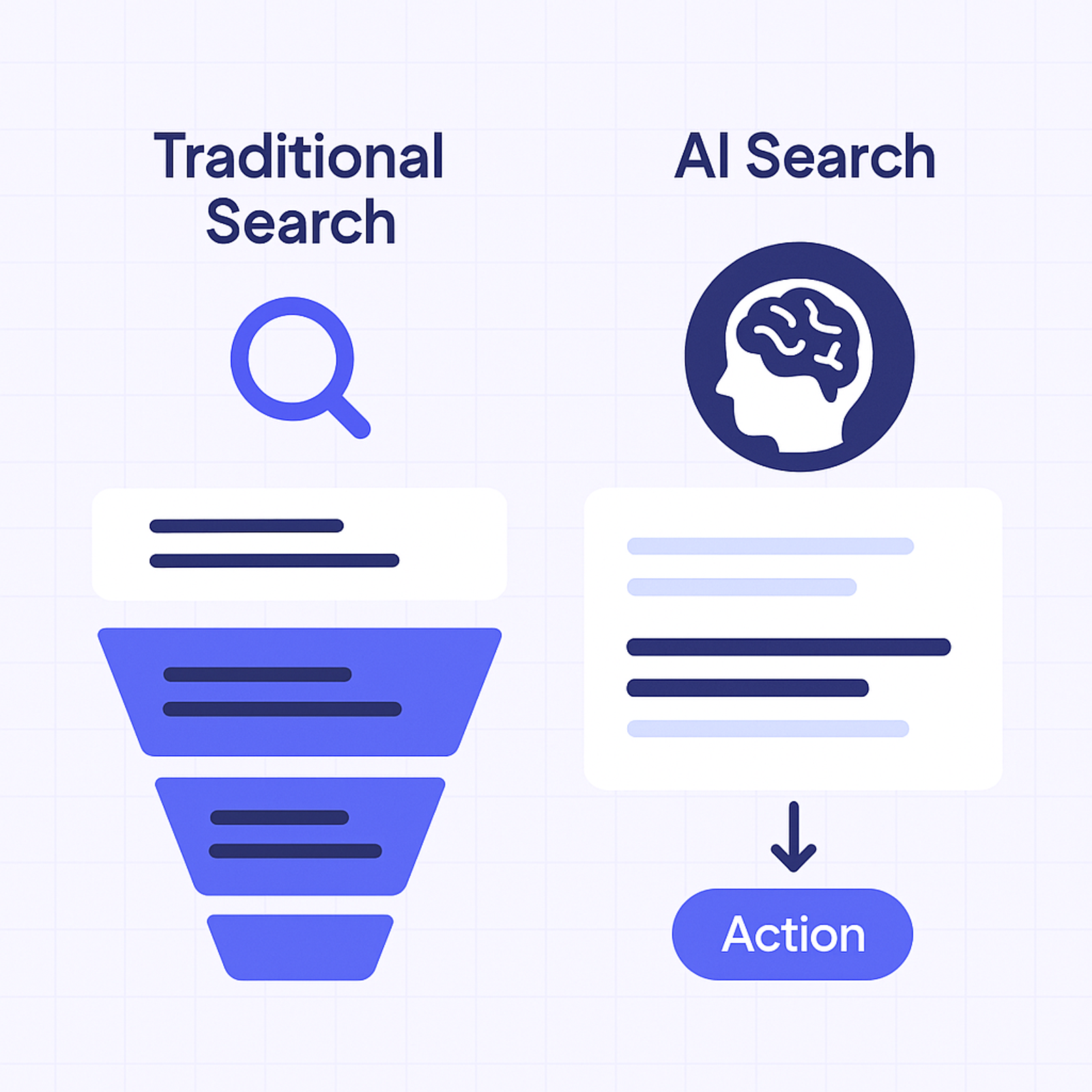 Side-by-side illustration: traditional search as a funnel of stacked results under a magnifying glass, versus AI search as a single answer under a brain icon leading straight to 'Action'.