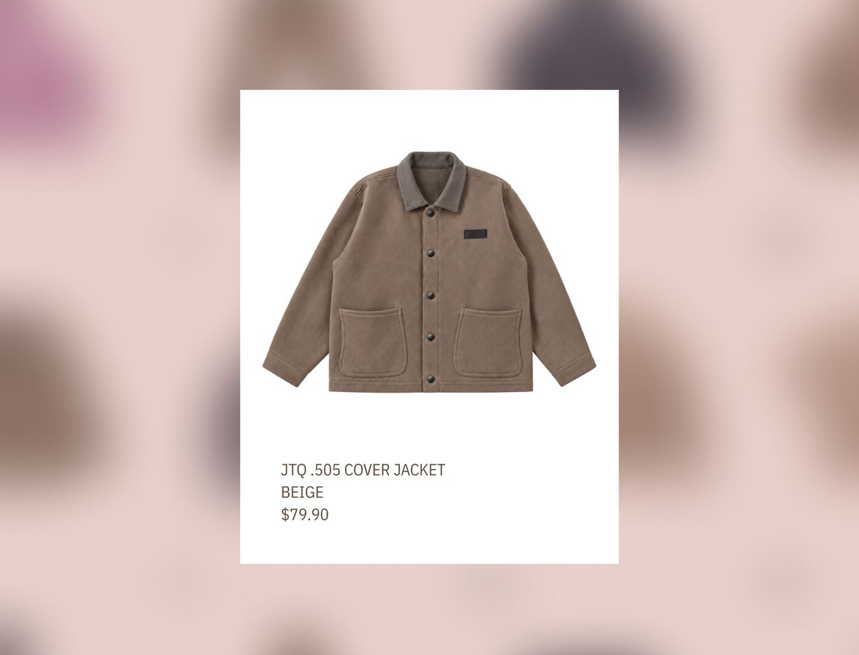 A product card for a beige cover jacket, priced $79.90, held against a soft blur of other clothes.
