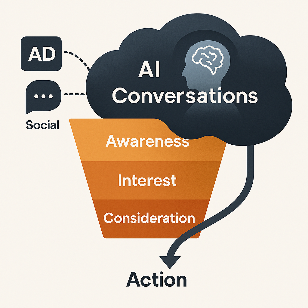 Diagram of the marketing funnel (awareness, interest, consideration) partly hidden behind a dark 'AI Conversations' cloud fed by ads and social, with an arrow running from the cloud straight to 'Action'.