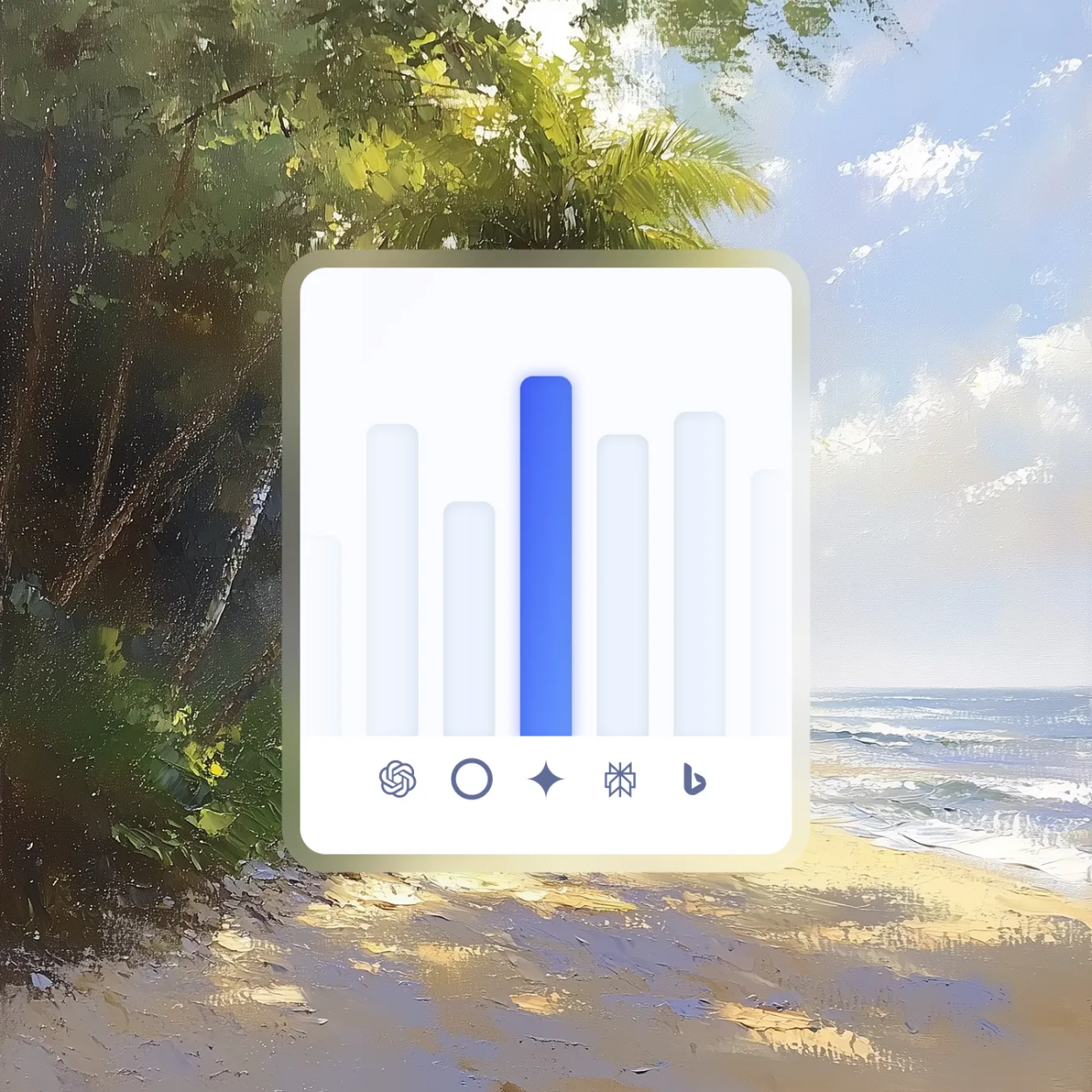 Painted beach scene behind a bar chart card comparing AI engines (ChatGPT, Gemini, Perplexity, Bing and one more), with Gemini's bar highlighted as the tallest.