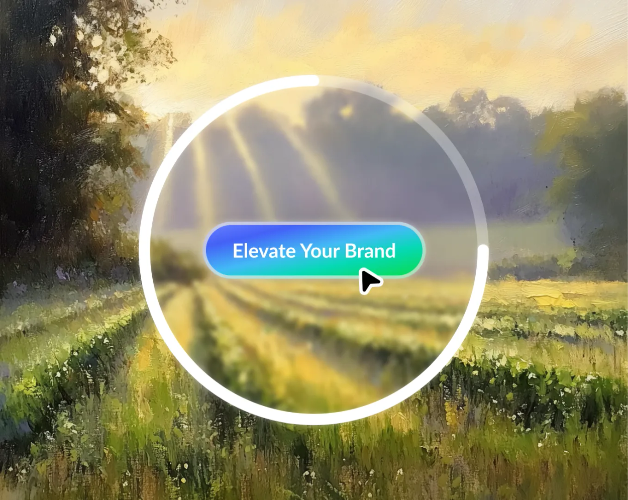 Painted farm field at sunrise with a circular frame around a gradient button reading 'Elevate Your Brand' and a cursor clicking it.