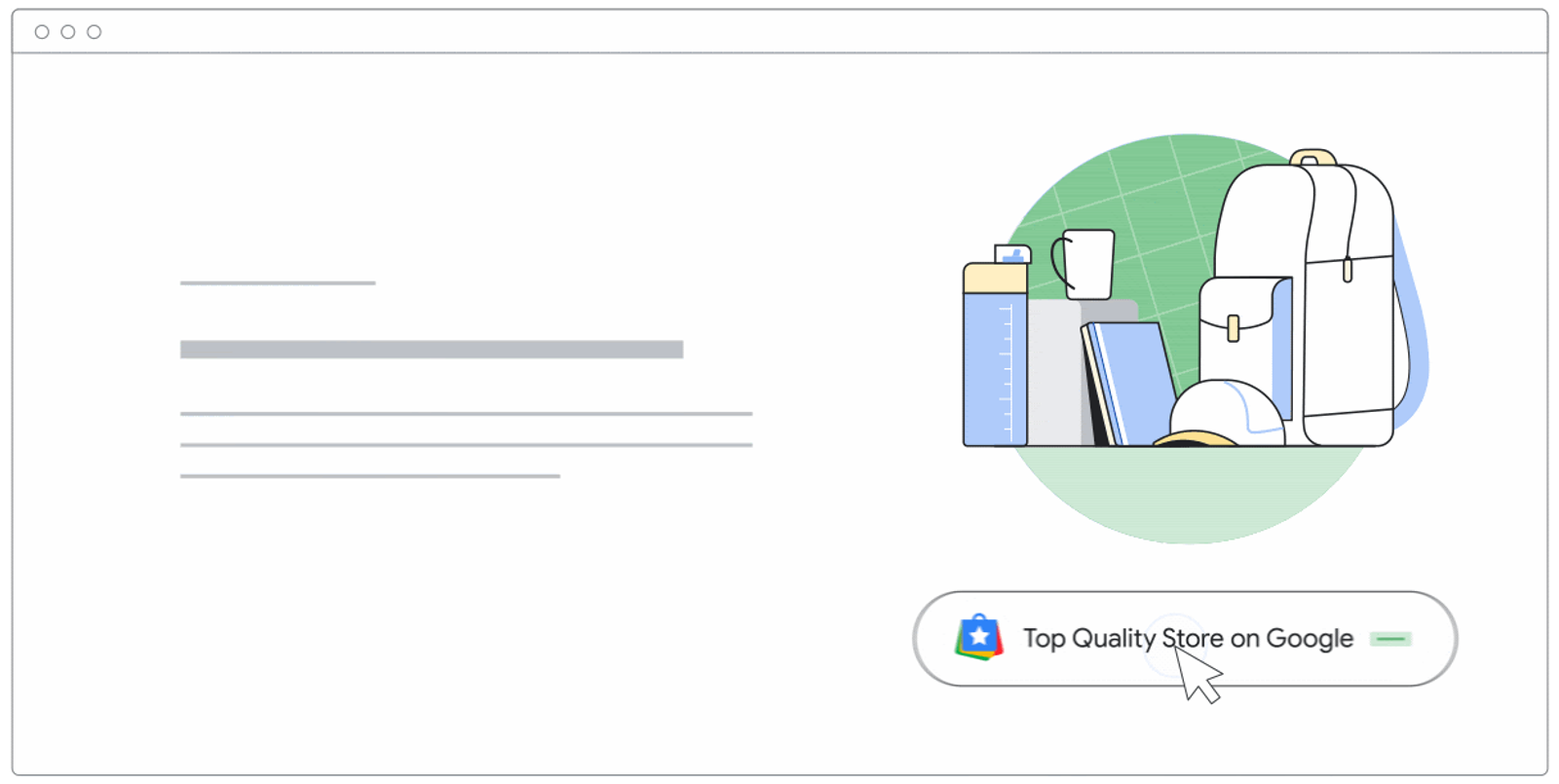 Illustration of a web page with a product bundle (bottle, mug, notebook, cap and backpacks) and a cursor clicking a 'Top Quality Store on Google' badge.