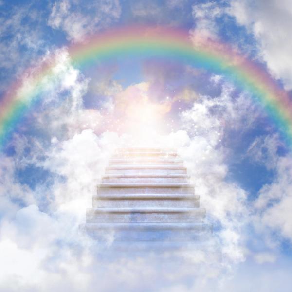 staircase to heaven with clouds and rainbow