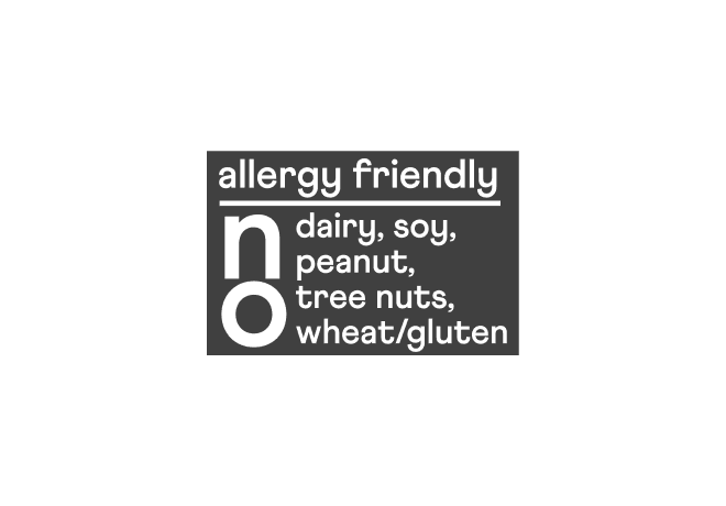 Allergy Friendly. No dairy, soy, peanut, tree nuts, wheat/gluten