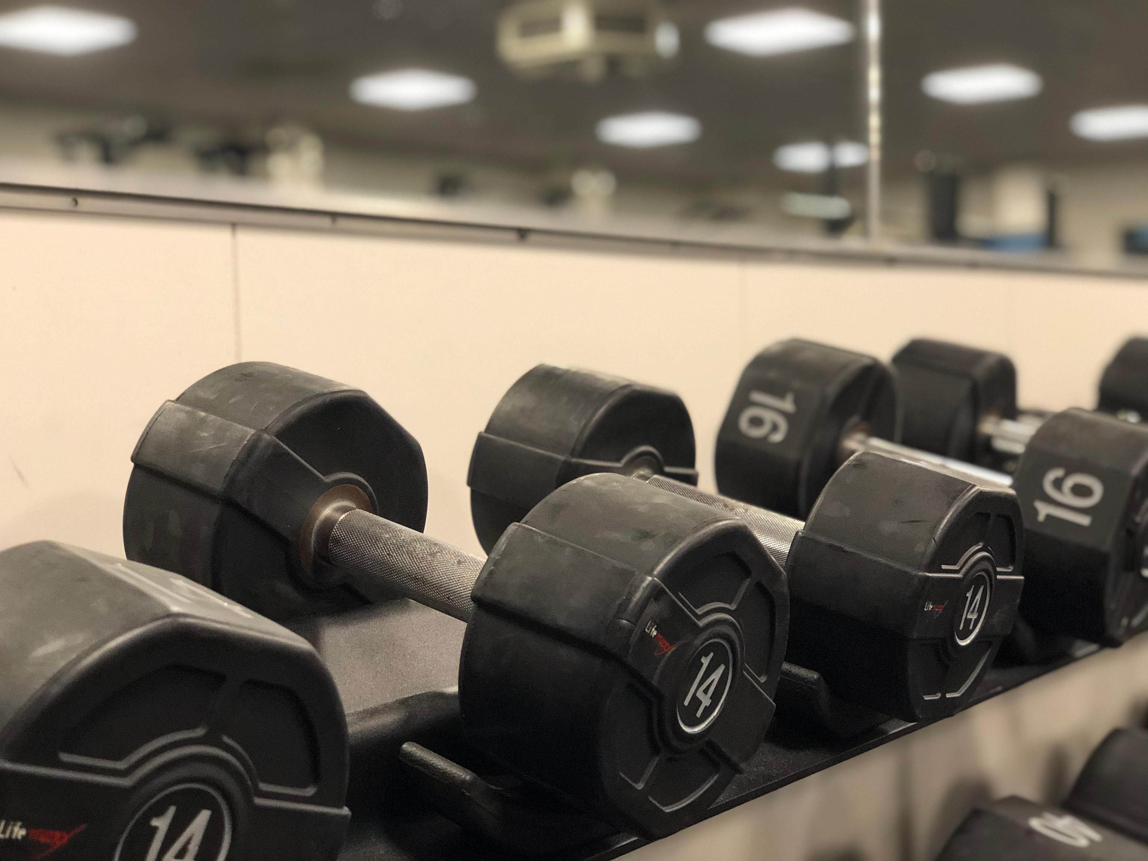 Close-up van een rek met verschillende gewichten/dumbbells in een sportschool.