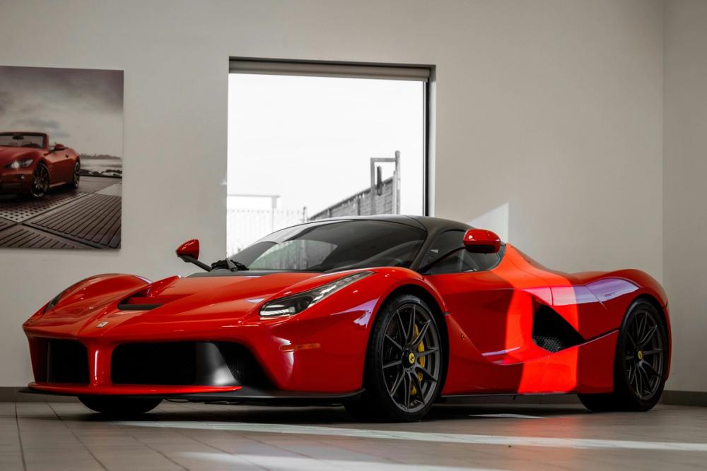 red sports car in the garage