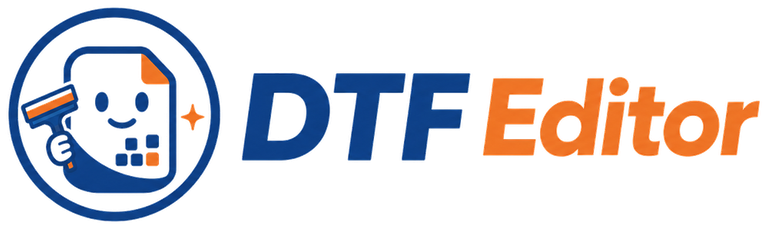 DTF Editor logo: a smiling document icon with a paint roller next to the words DTF Editor
