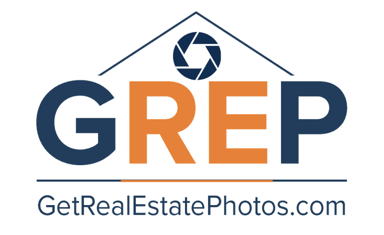 Get Real Estate Photos logo: the letters GREP under a house roofline with a camera aperture, and GetRealEstatePhotos.com below