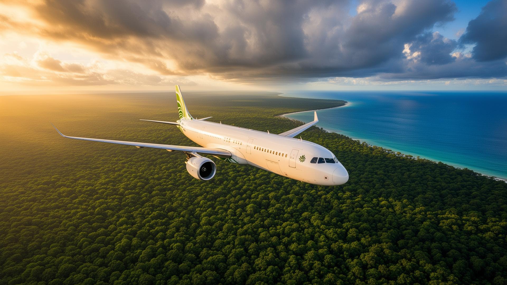Aircraft in flight representing sustainable aviation