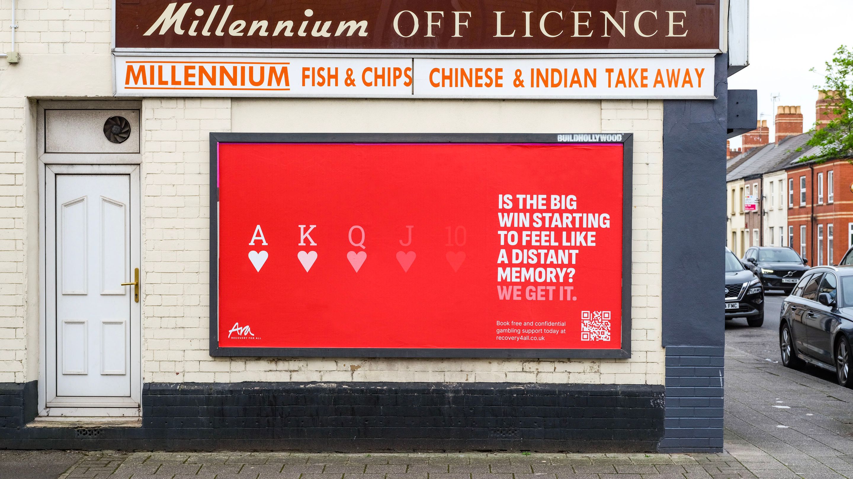 Awareness campaign billboard by Ara Recovery For All in Bristol and Cardiff, close up of the poster highlighting the messaging 'We get it' and the call to action to go to the website and the QR code