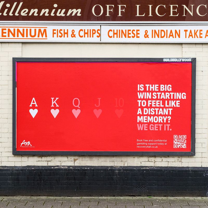 Awareness campaign billboard by Ara Recovery For All in Bristol and Cardiff, close up of the poster highlighting the messaging 'We get it' and the call to action to go to the website and the QR code